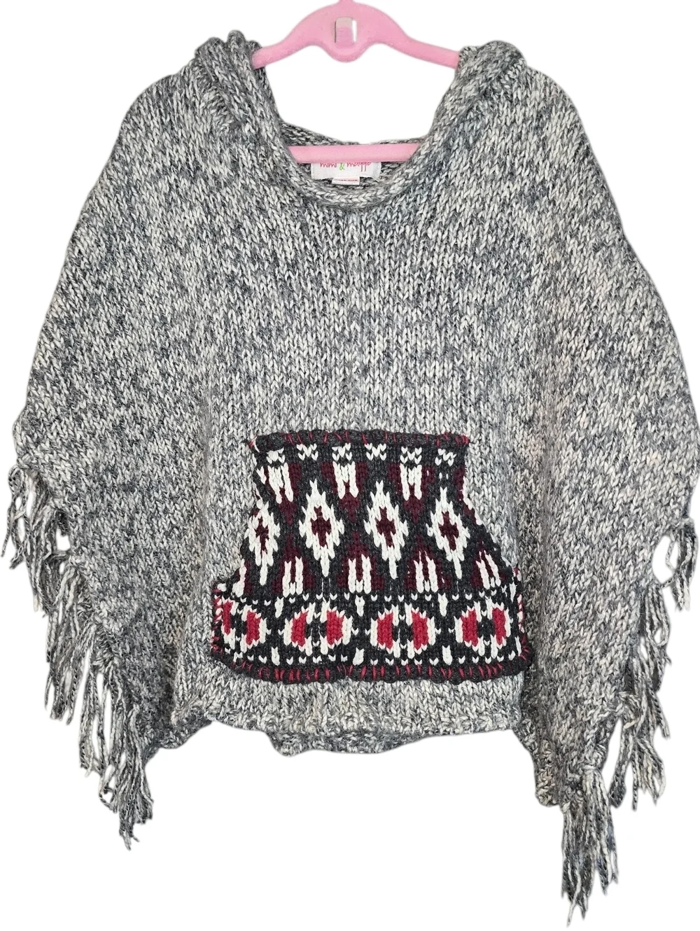 Mimi & Maggie Girls Hooded Poncho Sweater Boho Fringe Aztec Knit OS